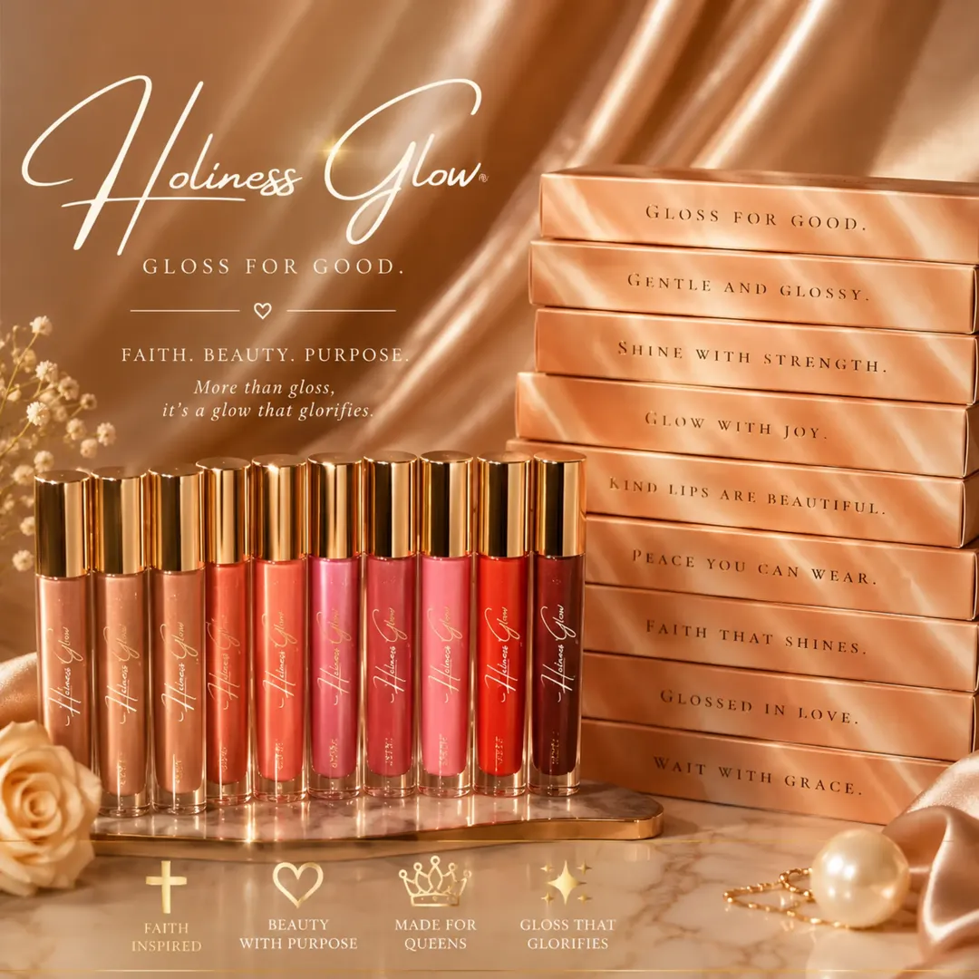 Holiness Glow Fruits of the Spirit lip gloss collection in gold packaging